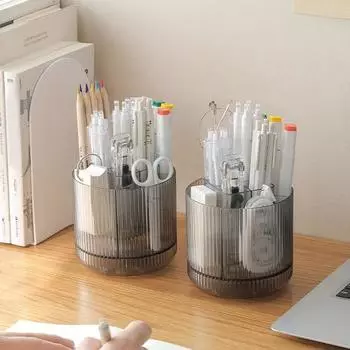 Настольный держатель для ручек с несколькими отделениями, большая вместительная вращающаяся на 360 градусов прозрачная косметическая коробка для кистей для макияжа, губная помада, подводка для глаз серый