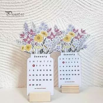 Настольный календарь «Цветущий цветок» на 2024 год с деревянным основанием, тип карты, на 12 месяцев с января по декабрь 2024 года, ежемесячный настольный календарь для дома, офиса и школы, украшение разноцветный