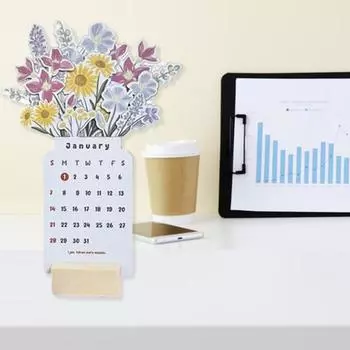 Настольный календарь «Цветущий цветок» на 2024 год с деревянным основанием, тип карты, на 12 месяцев с января по декабрь 2024 года, ежемесячный настольный календарь для дома, офиса и школы, украшение разноцветный