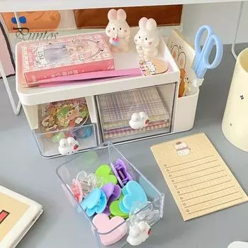 Настольный косметический органайзер с выдвижным ящиком, прозрачным окном, разделенным хранилищем, многоярусный контейнер для хранения белый