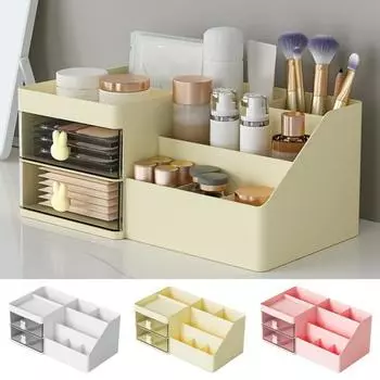 Настольный органайзер для макияжа с выдвижным ящиком и несколькими отделениями, держатель для карточек, карандашей, ящик для хранения косметических канцелярских принадлежностей, офисные принадлежности белый