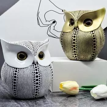 Настольный орнамент в виде совы, современная статуэтка совы из смолы, скульптура совы в горошек, фигурка пухлой птицы для декора гостиной, спальни, дома золотистый