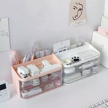 Настольный ящик для хранения большой емкости, прозрачный двухслойный пылезащитный ящик-органайзер, контейнер для хранения канцелярских принадлежностей, офисные принадлежности розовый
