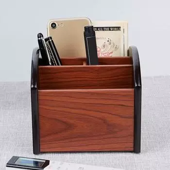 Настольный ящик для хранения, деревянный, гладкий, 4 отделения, вращение на 360 градусов, большая емкость, пульт дистанционного управления, ножницы, телефон, очки, канцелярский чехол для хранения дома коричневый