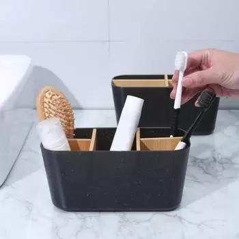 Настольный ящик для хранения, держатель для зубных щеток, большая емкость, многосекционный чехол для мелочей, контейнер для макияжа, аксессуары для ванной комнаты чёрный