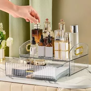 Настольный ящик для хранения косметики с ящиком и ручкой, прозрачный, двухъярусный, гладкий, устойчивый, с высоким ограждением, органайзер для помады, лосьона, лака для ногтей, дисплей для макияжа зелёный