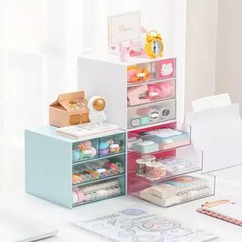 Настольный ящик для хранения, прозрачный пластиковый держатель для канцелярских принадлежностей для макияжа, органайзер с 4 ящиками для офиса, дома, школы розовый