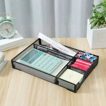 Настольный ящик для хранения с несколькими отделениями, большая емкость, полая сетка, металлическая ручка, зажимы для книг, блокноты, чехол для хранения, школьный офисный ящик, органайзер, лоток чёрный