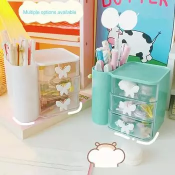 Настольный ящик для хранения с ящиком и держателем для ручек, многослойный пылезащитный чехол большой емкости, контейнер для макияжа синий