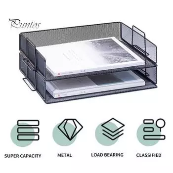 Настольный стеллаж для хранения файлов Стеллаж для сортировки бумаги Настольный стеллаж для файлов 2 лотка Сетчатая металлическая конструкция Органайзер для конвертов и документов Dual Layer чёрный