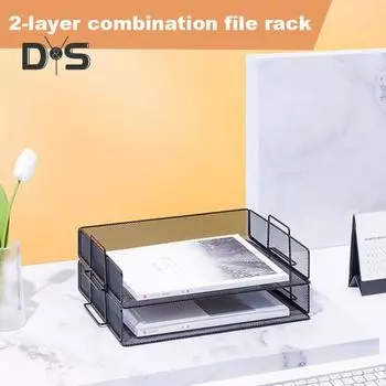 Настольный стеллаж для хранения файлов Стеллаж для сортировки бумаги Настольный стеллаж для файлов 2 лотка Сетчатая металлическая конструкция Органайзер для конвертов и документов Dual Layer чёрный