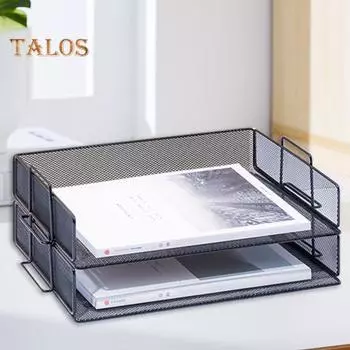 Настольный стеллаж для хранения файлов Стеллаж для сортировки бумаги Настольный стеллаж для файлов 2 лотка Сетчатая металлическая конструкция Органайзер для конвертов и документов Dual Layer чёрный