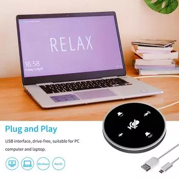 Настольный USB-спикерфон для конференций, микрофон, встроенный динамик, всенаправленный ПК, компьютер на 360 градусов чёрный