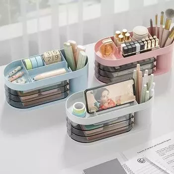 Настольный вращающийся держатель для ручек, ящик для хранения косметики по уходу за кожей, ящик для хранения в студенческом общежитии, держатель для ручек, полка для хранения дома синий