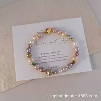 Настоящая любовь Розовый разноцветный металлический глянцевый браслет из макарон с пресноводным жемчугом Браслет 16cm