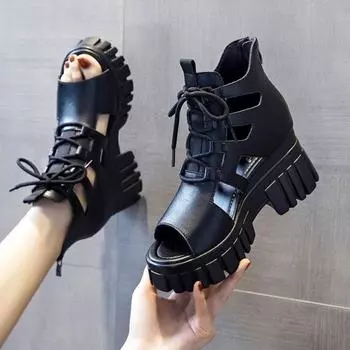 Настоящая мягкая кожа летние ажурные дышащие утягивающие римские сандалии женские новые универсальные босоножки на платформе женские туфли на платформе 40 чёрный