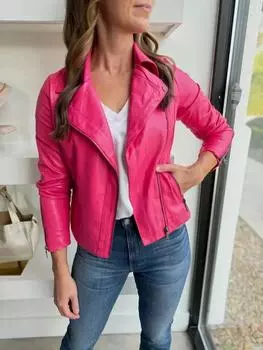 Настоящая мягкая овечья кожа мотоциклетный стиль розовая женская куртка байкер стильный 2XL розовый