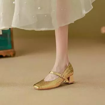 Настоящая овчина серебристые туфли Мэри Джейн осень новые маленькие кожаные туфли легко носить, нежный толстый каблук осенние одинарные туфли дети 35 золотой