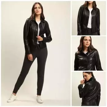 Настоящая овчина, стильные карманы, ручная работа, официальная женская черная кожаная рубашка XS чёрный