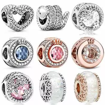 Настоящая сверкающая завернутая змея с открытым сердцем, очаровательная природа, розовая корона, о-стекло, подвеска из серебра 925 пробы, подходит для браслета, модные украшения