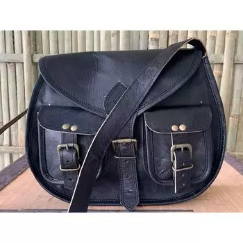 Настоящая винтажная сумка-седло из козьей кожи, черная сумка-мессенджер через плечо, сделанная вручную из винтажной кожи черного цвета. 13 x 10 x 4 in чёрный