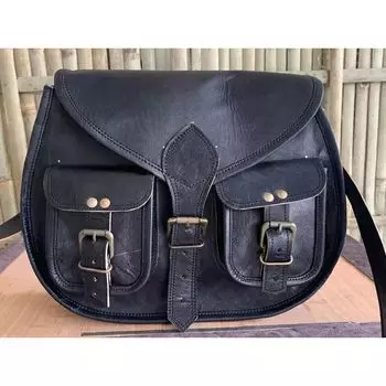 Настоящая винтажная сумка-седло из козьей кожи, черная сумка-мессенджер через плечо, сделанная вручную из винтажной кожи черного цвета. 10 x 13 x 4 in чёрный