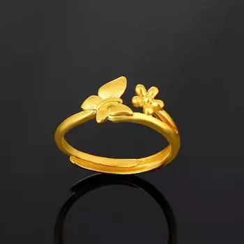 Настоящее 100% чистое золото 24 карата, новое простое женское кольцо с бабочкой, золотое кольцо 24 карата, открытое кольцо с цветком, ювелирные изделия
