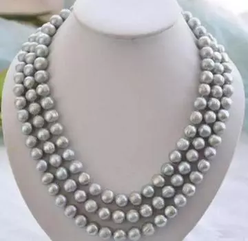 Настоящее 3-рядное ожерелье из серого жемчуга Южного моря толщиной 8 мм.