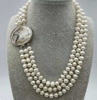 Настоящее 3-рядное ожерелье с пресноводным жемчугом 7-8 мм с камео-застежкой