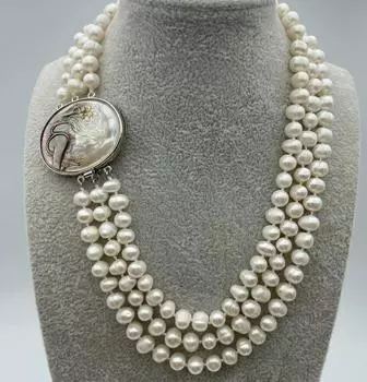 Настоящее 3-рядное ожерелье с пресноводным жемчугом 7-8 мм с камео-застежкой