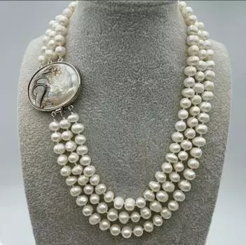 Настоящее 3-рядное ожерелье с пресноводным жемчугом 7-8 мм с камео-застежкой