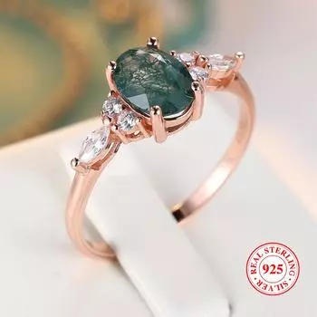 Настоящее 925 пробы серебро зеленый мох агат агат кольцо для женщин подарок на день святого валентина ювелирные изделия 6 розового золота