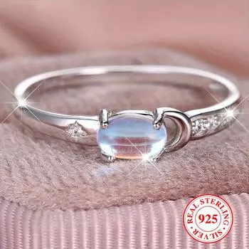 Настоящее кольцо из стерлингового серебра S925 с луной и звездами для женщин, овальное кольцо с лунным камнем, обручальное кольцо для невесты, подарок на годовщину 6 серебряный