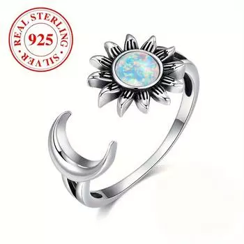 Настоящее кольцо из стерлингового серебра S925 пробы с натуральным белым огненным опалом, винтажное кольцо с изображением солнца и луны, регулируемые кольца для женщин, свадебные украшения для вечеринок, подарки серебряный