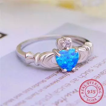 Настоящее кольцо из стерлингового серебра S925 Claddagh, милые кольца в форме сердца и короны для женщин, обручальные кольца, синее, белое огненное опаловое кольцо, ювелирные изделия из фианита 6
