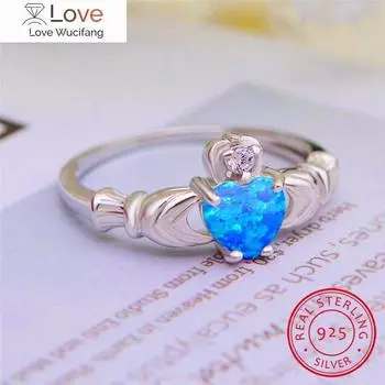 Настоящее кольцо из стерлингового серебра S925 Claddagh, милые кольца в форме сердца и короны для женщин, обручальные кольца, синее, белое огненное опаловое кольцо, ювелирные изделия из фианита 6