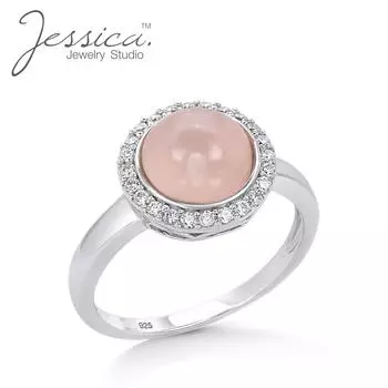 Настоящее круглое кольцо с драгоценным камнем Halo из натурального розового кварца из чистого серебра 925 пробы