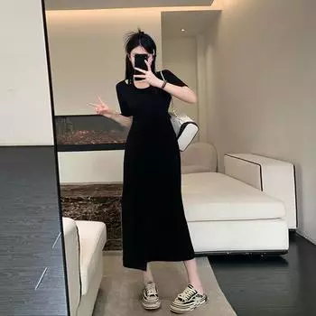 Настоящее летнее платье 2024, новое модное легкое повседневное платье для похудения с разрезом и короткими рукавами, клубное платье L чёрный