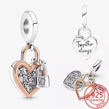Настоящее новое розовое золото сердце замок двойной шарм подходит модный браслет змея 925 стерлингового серебра шармы ювелирные изделия девушки подарок изготовление