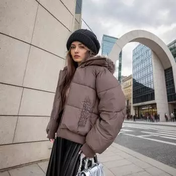 Настоящее пальто из овечьей шерсти с капюшоном на молнии для женщин, зима 2024, новый дизайн, свободное, хлопковое, модное, для маленьких мужчин M темно-коричневого