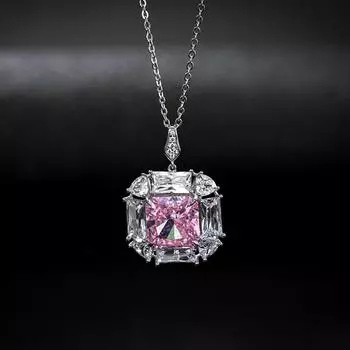 Настоящее серебро 925 пробы, измельченный лед, 12 * 12 мм, розовый сапфир, кулон с муассанитом и бриллиантами, ожерелья для женщин, подарок About 45cm белого золота