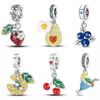Настоящее серебро 925 пробы, клубника, авокадо, лимон, кофе, торт, фруктовые подвески, бусина, подходит для оригинального браслета 925, ювелирные украшения