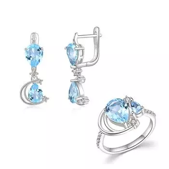 Настоящее серебро 925 пробы, комплект ювелирных изделий, серьги, кольца, натуральный небесно-голубой топаз, драгоценные камни, изысканные украшения для женщин, хороший подарок 7# синий