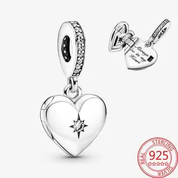 Настоящее серебро 925 пробы, открывающийся медальон в форме сердца, висячий шарм, подходит для модного браслета, женский свадебный браслет, серебряные украшения
