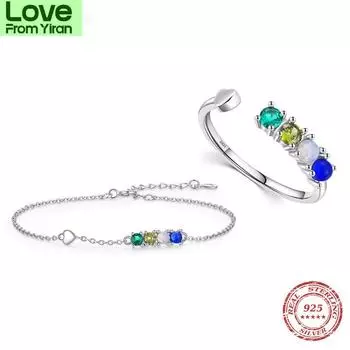 Настоящее серебро 925 пробы романтическое сердце радужного цвета кристалл кольца браслет ювелирные наборы для женщин ювелирные изделия 9