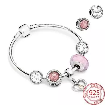 Настоящее серебро 925 пробы розовое сердце свисающий браслет 3 мм для женщин Diy ювелирные изделия изготовление подарок 19cm розовый