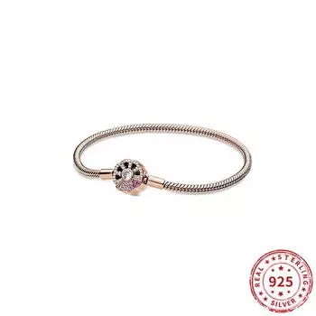 Настоящее серебро 925 пробы с бусинами из розового золота в виде змеиной цепи сияющий браслет с подвесками подходит для модных женских украшений Pandoa Charm 21cm