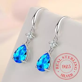 Настоящее серебро 925 пробы с длинной кисточкой, кристаллами, овальными каплями, серьги для женщин и девушек, свадебная вечеринка, элегантные ювелирные изделия синий