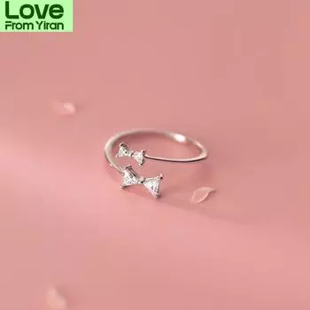 Настоящее серебро 925 пробы, симпатичные открытые кольца с белым цирконием и бантом, изящное регулируемое кольцо, гипоаллергенные ювелирные изделия для женщин