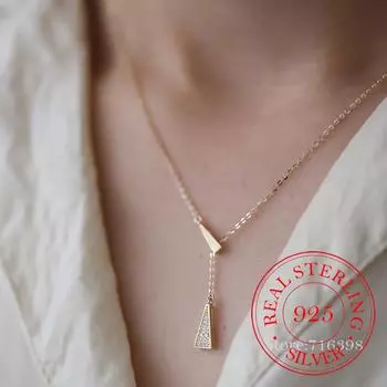 Настоящее серебро 925 пробы, треугольное Y-образное колье-колье, кулон для женщин, 14-каратное позолоченное ожерелье, свадебная вечеринка, ювелирное изделие, подарок